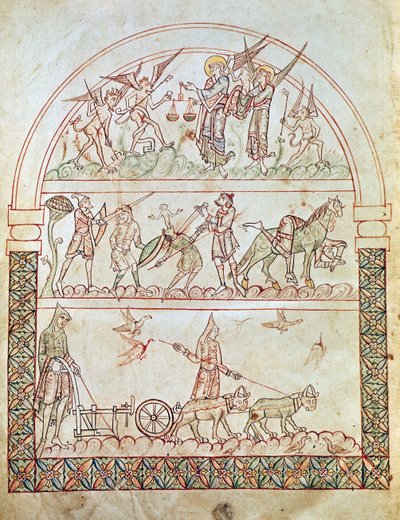 Ms. Plut. 12.17, c. 1b, Den jordiske by med menneskehedens strabadser og ulykker og en sjæls dom, fra The City of God af St. Augustin, 11.-12. af Italian School