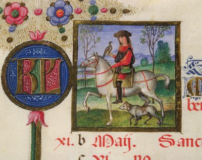 Ms. lat.424 fol.3r Maj måned: Falkejagt, fra breviaret af Ercola d