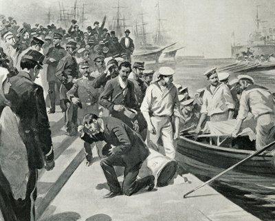 Mytteri på det russiske slagskib Potemkin, der går i land i havnen i Constanta i Rumænien, Illustration fra L
