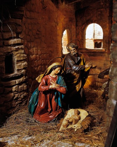 Krybbe, julekrybbe fra Madonnetta helligdom, træfigurer, Genova, Ligurien, Italien af Italian School