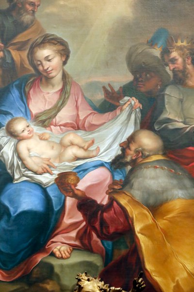 Julekrybbe. Tilbedelse af magi. Frisk. Santa Maria delle Vigne basilikaen. Genova. Italien. af Italian School