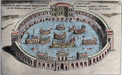 Naumachia, søkamp i et amfiteater i Rom. af Italian School