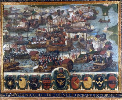 Søslaget ved Lepanto (Lepanto): “” På det tidspunkt Niccolo di Cornelio Borghesi Kdibicher ”” - maleri bevaret i nationalarkivet, Siena. af Italian School