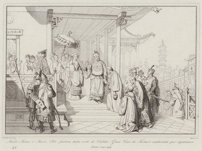 Nicolo Matteo og Marco Polo forlader retten i Cubilai Gran Can de Western Tartars for at repatriere af Italian School