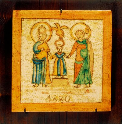 Votivflise i 1800-talsstil, keramik, Alessi-fabrikation, Caltagirone, Sicilien, Italien, 20. århundrede af Italian School