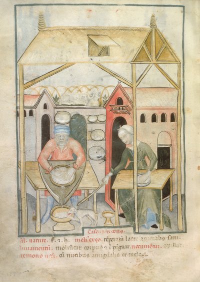Nouv Acq Lat 1673 fol.58v Tilberedning af ost, fra Tacuinum Sanitatis, ca. 1390-1400 af Italian School