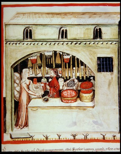 Nova 2644 f.46r sælger ris, fra Tacuinum Sanitatis Code Vindobonensis af Italian School