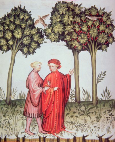 Nova 2644 fol.102v To venner ude at gå en tur sammen, fra Tacuinum Sanitatis Codex Vindobonensis (vellum) af Italian School