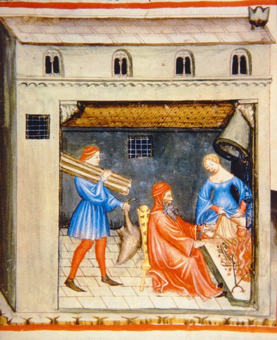 Nova 2644 fol.55r Vinter: Foran bålet, fra Tacuinum Sanitatis af Italian School