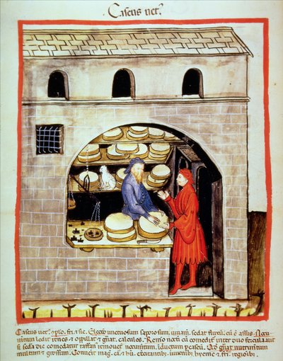 Nova 2644 fol.60v Sælger moden ost, fra Tacuinum Sanitatis af Italian School