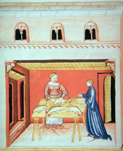 Nova 2644 fol.79v Slagterne: Fjernelse af testikler, fra Tacuinum Sanitatis af Italian School