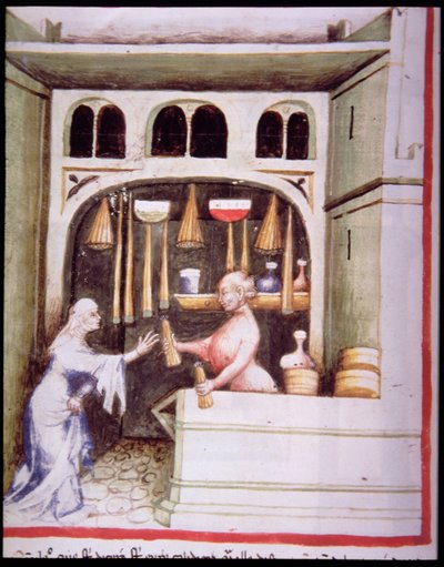 Nova 2644 fol.95v The Candle Shop, fra Tacuinum Sanitatis af Italian School