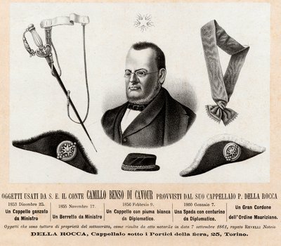 Genstande brugt af Camillo Benso conte di Cavour (1810-1861) - hatte og insignier af hans politiske og diplomatiske funktioner, med den store snor af Saint Maurice og Saint Lazarus orden (Ordine dei Santi Maurizio e Lazzaro) - Gravering 1800-tallet af Italian School