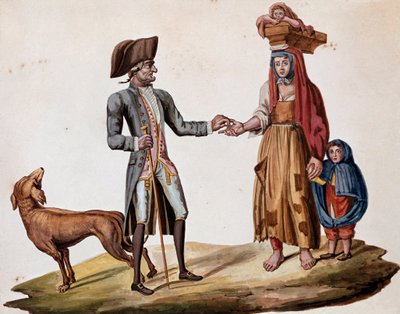 Gamle napolitanske metiers: en adelsmand giver en mønt til en palmiscian - (Gamle napolitanske handler: en rig mand giver penge til en fattig fortæller) Akvarel fra det 19. århundrede - Napoli Museo Nazionale di San Martino af Italian School