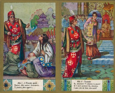 En af et sæt illustrationer af Puccinis opera Turandot (farvelitografi) af Italian School