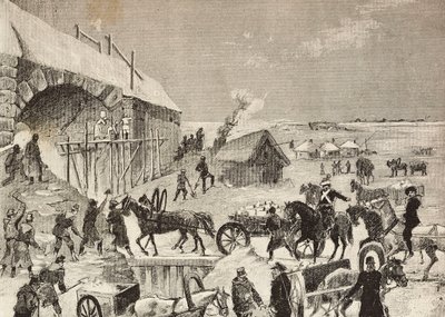 En af fæstninger under opførelse på grænsen til Rusland, gravering fra skitse af Fritzmann, fra L