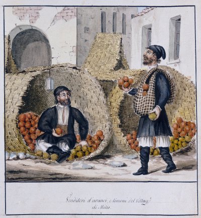 Appelsin- og citronsælgere fra Milis på Sardinien, trykt ms.258, Luzzetti Collection af Italian School