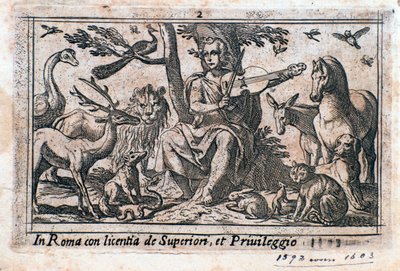 Orpheus leger blandt dyr. (træsnit af Italian School