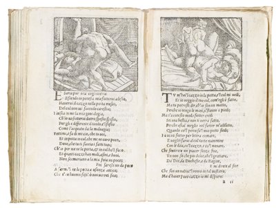 Side fra "Sonetti Lussuriosi" af Pietro Aretino, illustreret af Giulio Romano og indgraveret af Marcantonio Raimondi, udgivet Venedig, ca. 1527 af Italian School