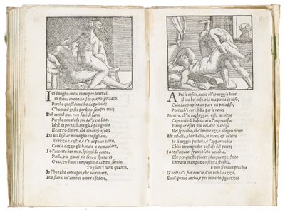 Side fra "Sonetti Lussuriosi" af Pietro Aretino, illustreret af Giulio Romano og indgraveret af Marcantonio Raimondi, udgivet Venedig, ca. 1527 af Italian School