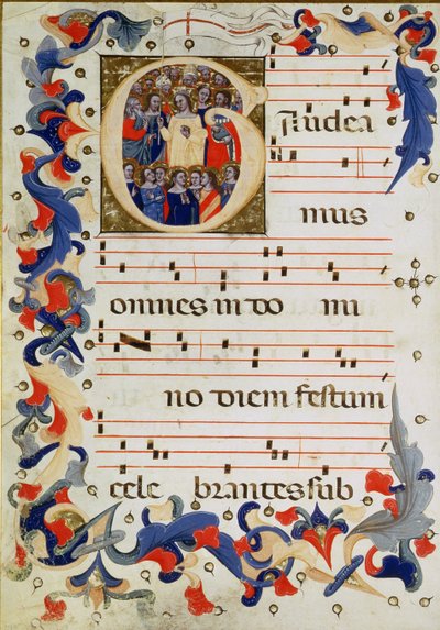 Side med musiknotation med et historisk initialt G, der viser en gruppe helgener med St. Ursula i midten, Bolognese Skole af Italian School