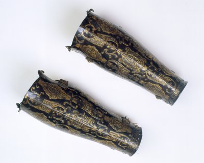 Et par skinnebensbeskyttere fra ærkehertug Albrechts (1559-1621) våbenhus, guvernør i Holland, ca. 1598 (jern med sølv og guld) af Italian School