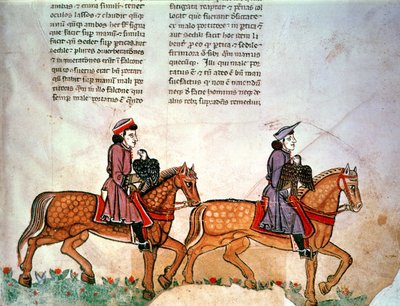 Pal Lat 1071 Frederik II: To ryttere med falke, fra De Arte Hunting with the Birds af Italian School