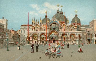 Markuspladsen og Markuskirken, Venedig, Italien (chromolitho) af Italian School