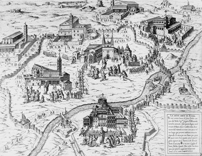 Pilgrimme besøger Roms syv kirker i det hellige år 1575, gravering, Italien af Italian School