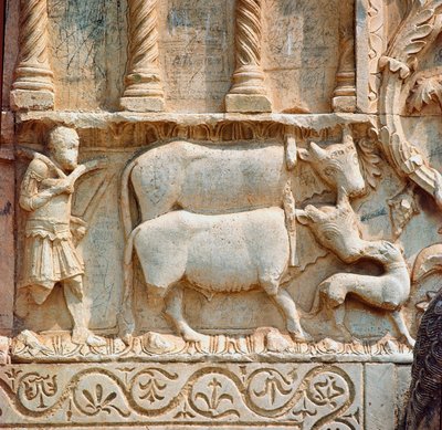 Pilling scene. Detalje. Lavrelief fra 1100-tallet. San Pietro de Spoleto kirke af Italian School