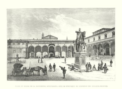 Pladsen og kirken Santissima Annunziata, med portikoen for Hospice des Enfants-Trouves (gravering) af Italian School