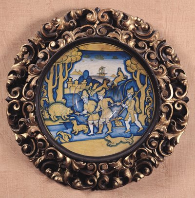 Tallerken dekoreret med en jagtscene, Deruta Workshop, ca. 1540-45 (maiolica) af Italian School