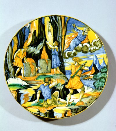 Plade, der forestiller Kain, der dræber Abel, Rimini, midten af det 16. århundrede (maiolica) af Italian School