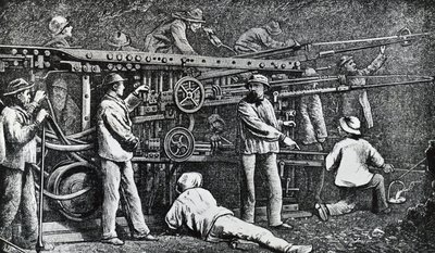 Pneumatisk stenboremaskine skabt af Giovanni Battista Piatti og perfektioneret af Germano Sommeiller (1815-1871), gravering af Italien af Italian School