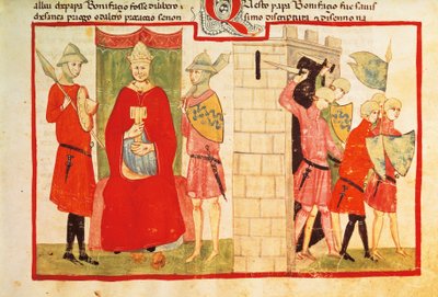 Pave Boniface VIII i Anagni og udvisningen af Sciarra Colonna (Giacomo Colonna) fra byen, miniature fra Giovanni Villanis krønike, manuskript Chigi L VIII 296 folio 176 recto, Italien 14. århundrede. af Italian School