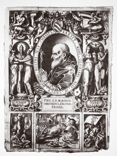 Pave Pius V, med vignetter fra slaget ved Lepanto, fra Vita del Gloriosissimo Papa Pio Quinto, pub. 1586 af Italian School