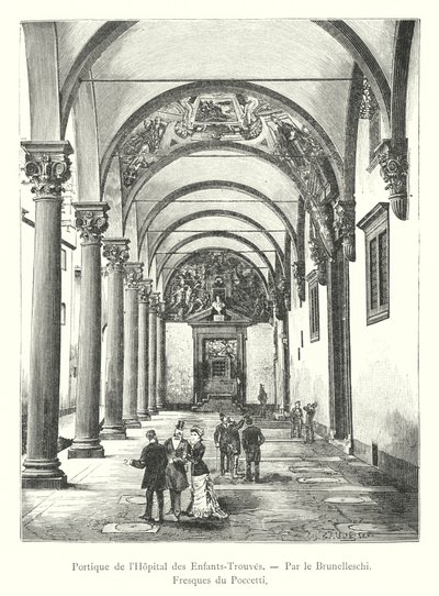 Portico of the Foundling Hospital, af Brunelleschi, Fresker af Poccetti (gravering) af Italian School