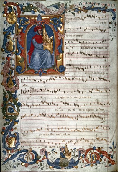 Portræt af Francesco Landino og et partitur, illustration fra "The Squarcialupi Codex", ca. 1325-35 af Italian School