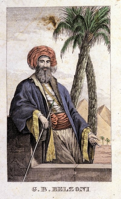 Portræt af Giovanni Battista (Gianbattista) Belzoni (1778-1823), italiensk opdagelsesrejsende og arkæolog, der gjorde vigtige arkæologiske opdagelser i Egypten. Gravering - i "" Rejsen til Egypten og Nubien "" af Belzoni, Milano af Italian School