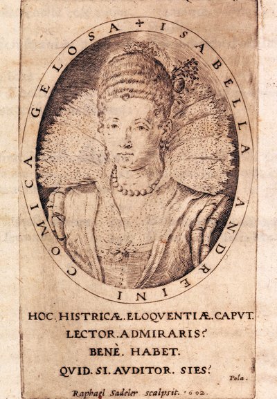 Portræt af den italienske skuespillerinde Andreina Isabella Canali (1562-1604), titelblad på hendes breve af Italian School
