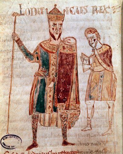 Portræt af Ludvig I den fromme (778-840), konge af Frankrig Manuskriptside (ms. 4) "Codex Legum Longobardorum" (eller Langobardorum), der beskriver lovene i det langobardiske rige etableret af kong Rothari af Italian School