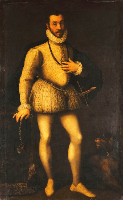 Portræt af en gentleman, i fuld længde, iført en broderet hvid jerkin, en kappe og et sværd, ca. 1580 af Italian School