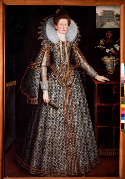 Portræt af en dame af den florentinske adel Derriere hende en repræsentation af Pitti-paladset, hun er klædt i en rigt paree-kjole og en jordbærkrave i et charettehjul (Portræt af en florentinsk dame med et vognhjul og en rigt udsmykket dr. af Italian School