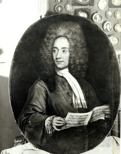 Portræt af komponisten Tomaso Giovanni Albinoni (1671-1751) med et partitur af Italian School