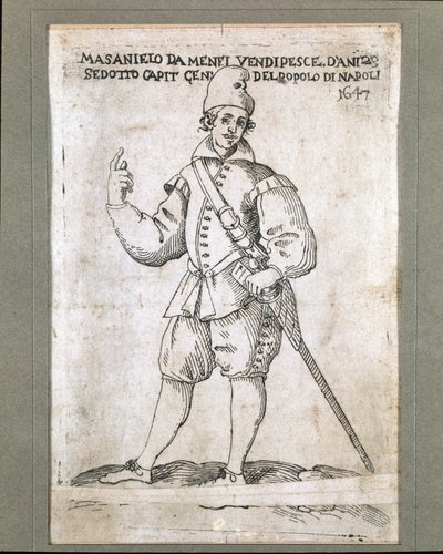 Portræt af den napolitanske fisker og revolutionære Masaniello (1623-1647) (Portræt af Masaniello, napolitansk fisker og leder af oprøret mod habsburgernes styre i Napoli i 1647) Indgravering af det 17. århundredes Museo Nazionale di San Martino Napoli af Italian School