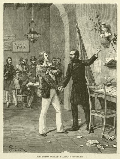 Første møde mellem Mazzini og Garibaldi i Marseille 1833 (gravering) af Italian School