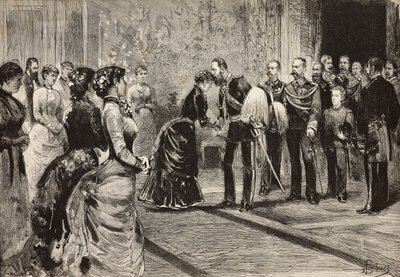 Dronning Margherita og Umberto I modtager kronprins af Tyskland (fremtidig Frederik III) i Quirinale, Rom, Italien, gravering fra tegning af Dante Paolocci, fra L