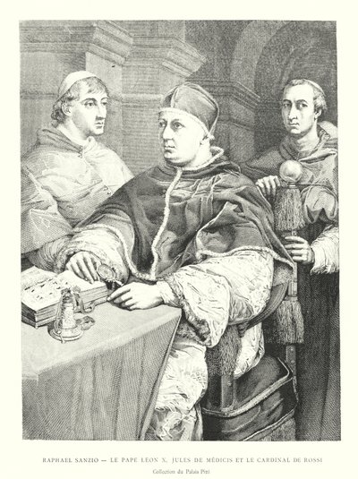 Raphael Sanzio, Le Pape Leon X, Jules de Medicis og le Cardinal de Rossi, Collection du Palais Pitti (gravering) af Italian School