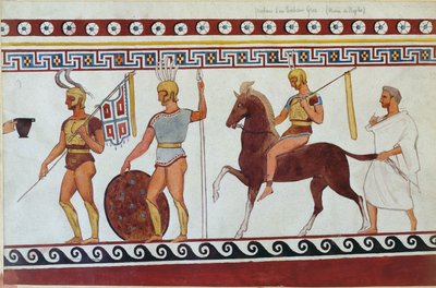 Rekonstruktion af gravmaleri fra Paestum, der forestiller græske fodsoldater og kavaleri (se også 186246, 119488 og 444298) af Italian School