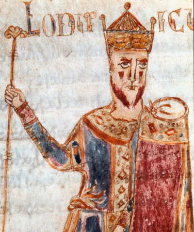 Repræsentation af Louis I (778-840), søn af Karl den Store"" Miniature taget fra "" Codex Legum Longobardorum"" (eller Langobardorum), der beskriver lovene i det langobardiske rige etableret af kong Rothari af Italian School